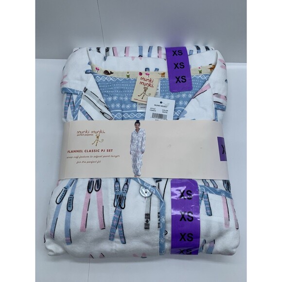Munki Munki Women's Flannel Pajama Set Classic 2 Piece, Blue, Size XS Ski Print - Picture 1 of 4